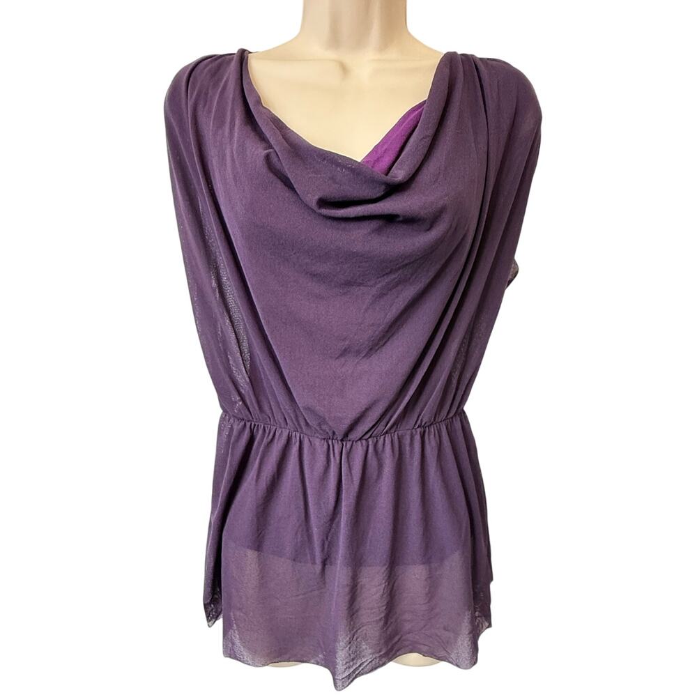 Limited Y2K Mesh Cap Sleeve Top Purple Drape Neck‎ Sheer Stretch Blouse festival